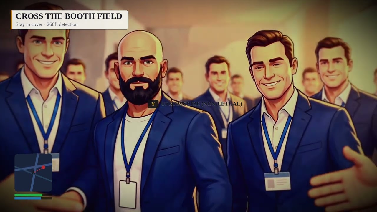 Exit Liquidity VI — theatrical gameplay trailer still: navy-suited NPCs crossing the booth field